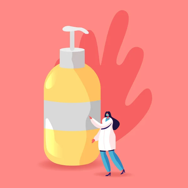 Médico Personagem em Robe e Médico Máscara Stand no Enorme Sanitizer Garrafa Ensine as mãos de lavagem com Gel Desinfetante ou Sabão Antibacteriano. Medidas higiénicas de precaução. Desenhos animados Vector Ilustração — Vetor de Stock