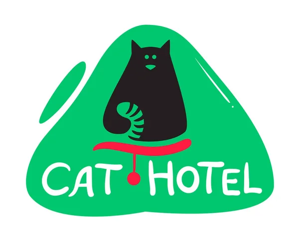 Bandeira do Hotel Cat com gatinho preto bonito com cauda listrada e tipografia criativa. Animais Creche Poster Design simples. Hospitality Service for Pets Concept Cartoon Vector Ilustração, Ícone, Etiqueta — Vetor de Stock