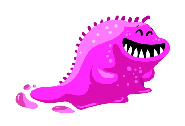 Friendly Toothy Slug Monster, Alien with Pink Slime Body Isolated on White Background. Fantasy Beast, Funny Creature, Germ or Joyful Cute Smiling Worm 의 약자이다. Cartoon Vector Illustration, Icon, Clip Art — 스톡 벡터
