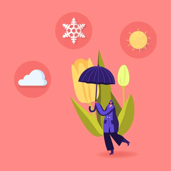 Hideg és fagyos tavaszi időjárás koncepció. Apró Női Karakter Hordozó Hatalmas Esernyő Hópihe, Felhő és Nap Virágzó Tulipán Virág és Alacsony Hőmérséklet Kívül. Rajzfilm vektor illusztráció — Stock Vector
