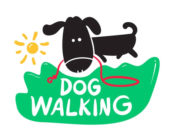 Dog Walking Creative Banner, Pet Service Concept. Μαύρο κουτάβι φέρει φλούδα στο στόμα σε πράσινο πεδίο και τυπογραφία. Ζώα με τα πόδια, Αφίσα Παιδιού Απλό Σχέδιο. Εικονογράφηση διάνυσμα κινουμένων σχεδίων, εικονίδιο, ετικέτα — Διανυσματικό Αρχείο