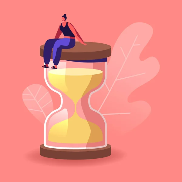 Personaje femenino en el enigma de la sala de escape. Mujer Sentada en Reloj de Arena Enorme, Gestión de Tiempo, Planificación de Trabajo, Organización, Multitarea, Procrastinación, Productividad de Trabajo. Ilustración de vectores de dibujos animados — Archivo Imágenes Vectoriales