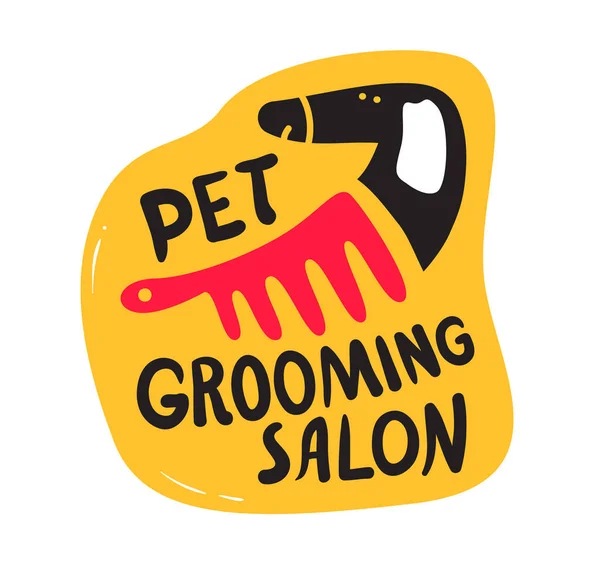 Huisdieren Grooming Salon Banner, Haircut Service voor honden en katten. Leuke zwarte pup met Body Comb en creatieve typografie. Dieren Kinderopvang Affiche Eenvoudig Ontwerp. Cartoon Vector Illustratie, Ikoon, Label — Stockvector