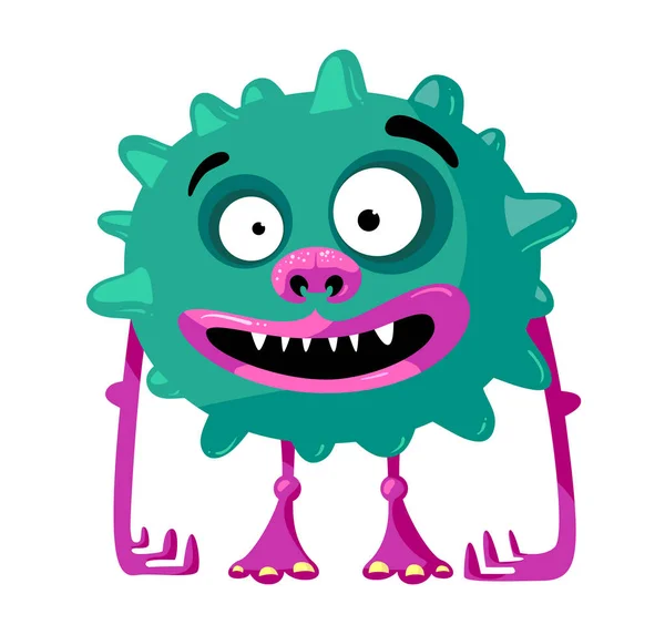 Niedliches Monster mit lustigem Gesicht, zähem Mund und langen Armen. Grünkeime, Alien oder Bakterien mit kugelförmigem Körper — Stockvektor
