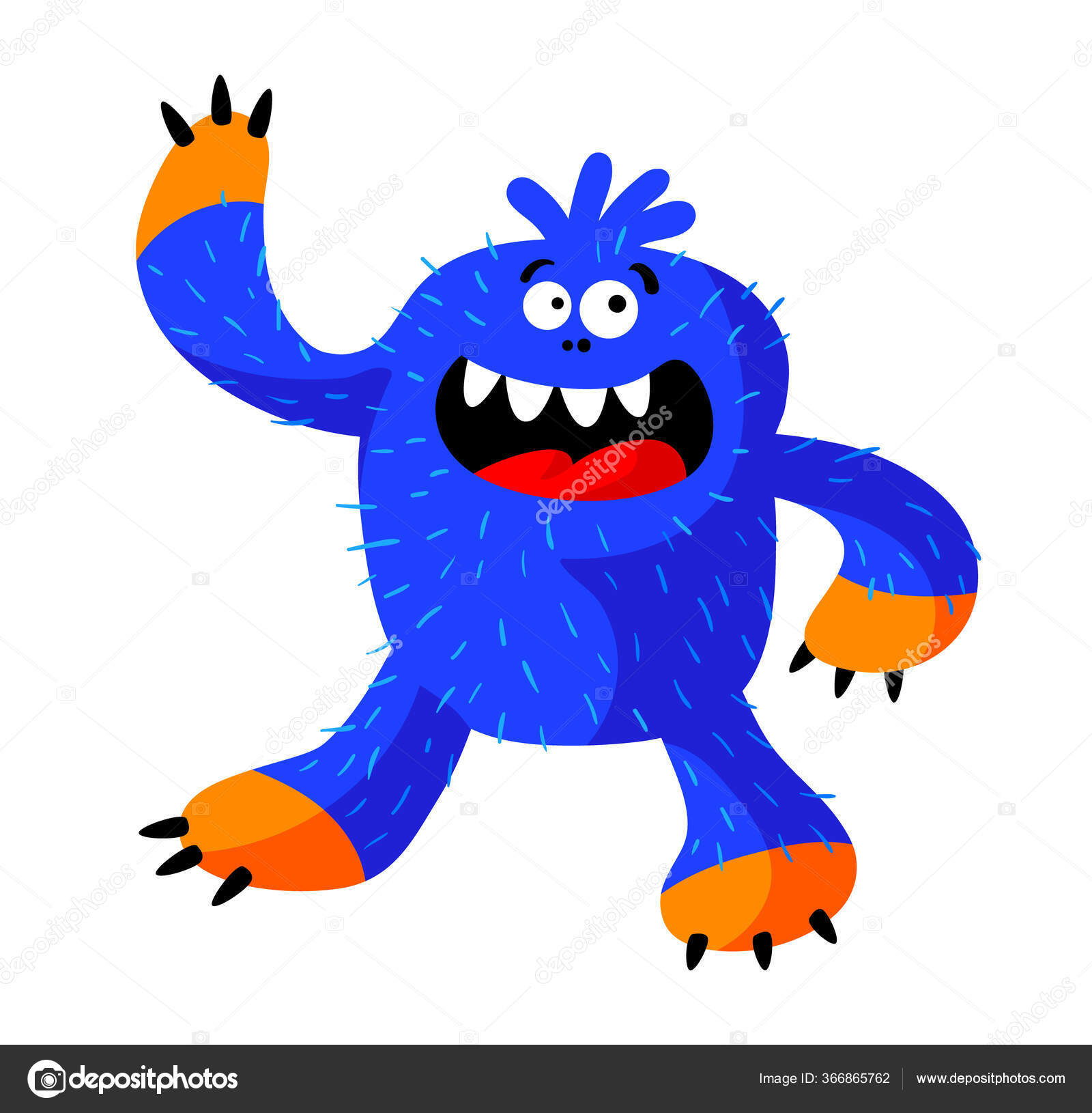 Cute Roaring Monster with Funny Face, Fangs, Blue Hairy Body and Claws.  Alien or Big Foot with Long Sharp-clawed Arms Stock Vector Image by  ©vectorlab #366865762