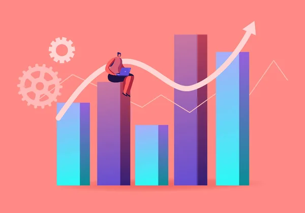 Bilim İstatistikleri ya da Denetim Analiz Teftişi. Dizüstü bilgisayarlı Kadın Karakteri Büyük Sütun Çizelgesine Oturur — Stok Vektör