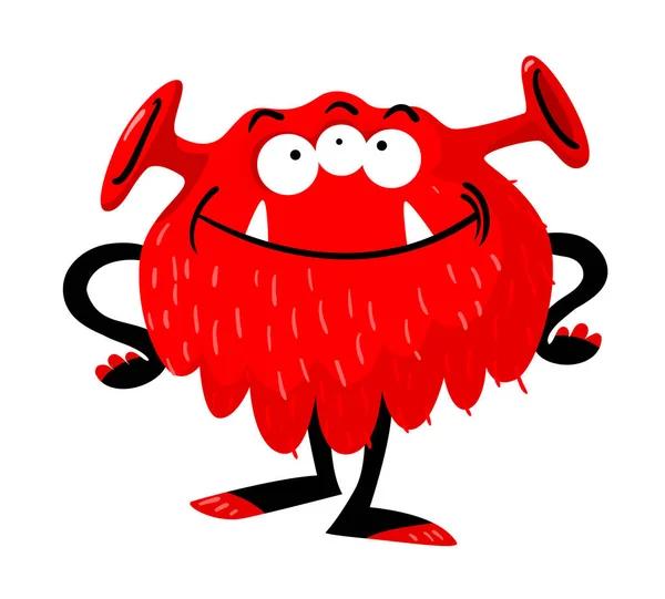 Monstre mignon avec sourire drôle visage, trois yeux, longues oreilles, bouche dentelée et bras Akimbo. Alien rouge — Image vectorielle
