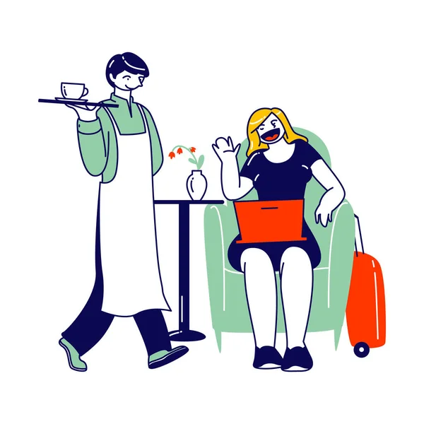 Personaje femenino sentado en Business Lounge en el aeropuerto esperando embarque en avión. Mujer sentarse en sillón ordenar bebida — Vector de stock