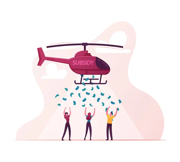 Subvención, Ayuda Gubernamental a la Gente. Personajes masculinos y femeninos captura billete de dólar cayendo de helicóptero — Archivo Imágenes Vectoriales