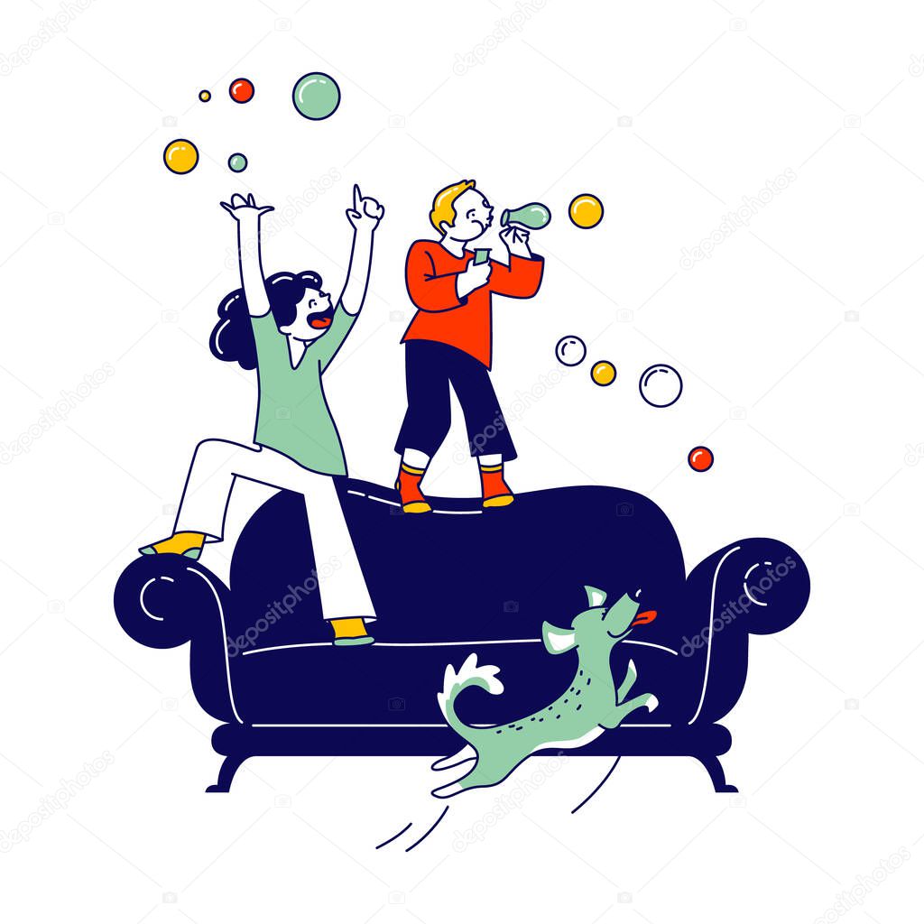 Naughty Hyperactive Children Characters Little Girl and Boy Playing at Home, Blow Soap Bubbles and Jumping on Sofa