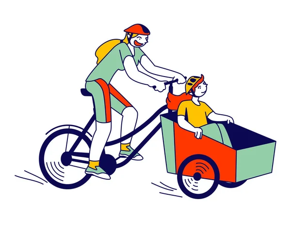 Jovem Mulher com Personagens Criança Andar de Bicicleta com Trailer no Parque da Cidade. Pessoas ativas desfrutando de passeio ao ar livre —  Vetores de Stock