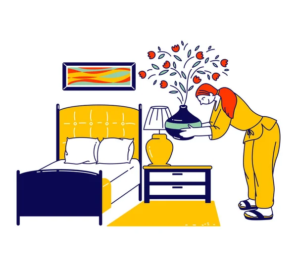 Kadın Karakteri Aroma Yağlı Dağıtıcı Lambayı Yatak Odasındaki İyi Uyku ve Rahatlama İçin Gece Sehpası 'na koy — Stok Vektör
