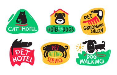 Pets Hotel, Cats and Dogs Grooming, Sitting and Walking Service Icons or Banners Set. Hospitality for Domestic Animals clipart