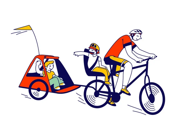 Junger Vater und kleine Kinder fahren Fahrrad mit Anhänger. Älterer Junge sitzt auf Kofferraum — Stockvektor