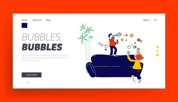 Little Girl and Boy Blow Soap Bubbles and Jumping on Sofa Making Mess in Room Landing Page Templat - Stok Vektor