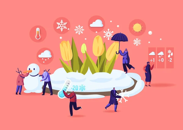 Freezing Spring and Climate Change Concept (en inglés). Pequeños personajes masculinos y femeninos caminando cerca de la cama de flores cubierta de nieve — Vector de stock