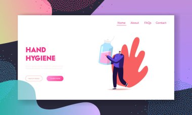 Tedbirli Hijyenik Önlemler Coronavirus Koruma İniş Şablonu. Erkek Karakteri Taşıyıcı Dezenfektanı