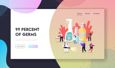 Coronavirus Önleme Ölçüleri İniş Sayfa Şablonu. Tiny Characters Antibakteriyel sabunla ellerini yıka