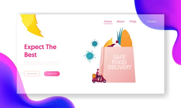 Safe Food Delivery Landing Page Template. Carattere corriere Consegna ordine di alimentari a casa del cliente — Vettoriale Stock