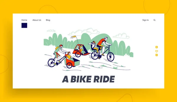快乐的家庭乘坐在公园登陆页面模板。Y字型骑单车与儿童 — 图库矢量图片