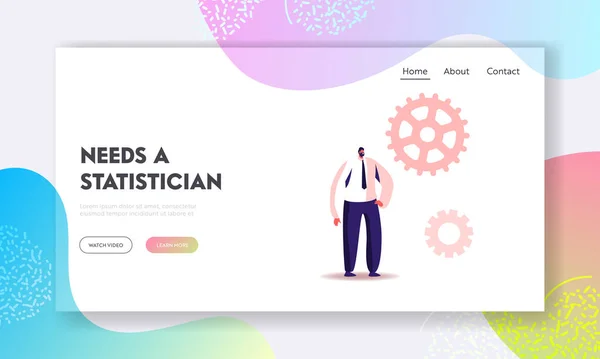 Man Workaholic Routine, Science Statistics Landing Page Template (en inglés). Carácter masculino Stand at Gears y Cogwheel — Archivo Imágenes Vectoriales