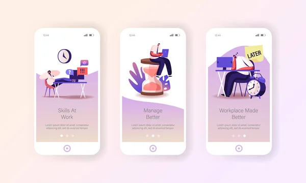 Procrastinazione, gestione del tempo Business Process Mobile App Page Schermo di bordo Template. Persone di ufficio minuscole — Vettoriale Stock