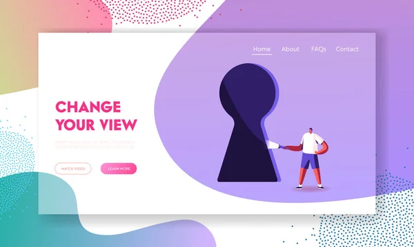 Człowiek rozwiązywanie pokój ucieczki Task Landing Page Szablon. mężczyzna znaków oświetlenie z latarka w ogromny ciemny Keyhole — Wektor stockowy