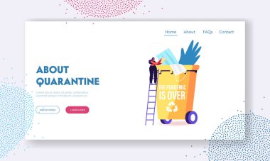 Karantina Ev İzolasyonu İniş Şablonunu Bitir. Dişi Karakter Merdiven Duruşu Tıbbi Maskeyi At