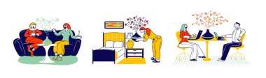 Aromaterapi Konsepti. Erkek ve Kadın Karakterleri Aroma Yağ Yayıcı Lambası ile Evde Rahatlama ve Rahatlama İçin