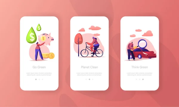 Economía de la gasolina, Eco Transporte Mobile App Page Plantilla de pantalla a bordo. Personajes de personas pequeñas ahorran dinero — Vector de stock