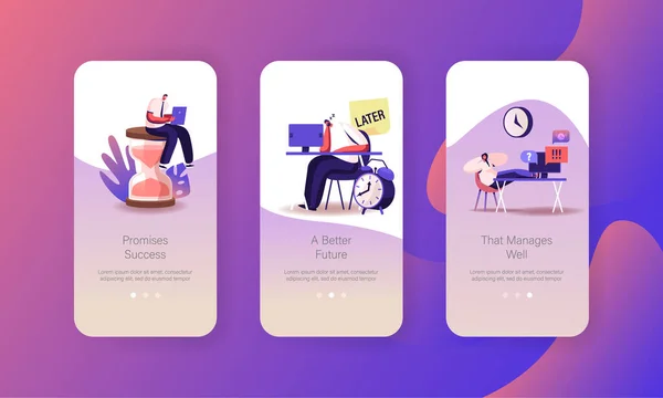 Working Productivity, Manager Time Mobile App Page Onboard Screen Template. Tiny People Characters Time Management — стоковый вектор