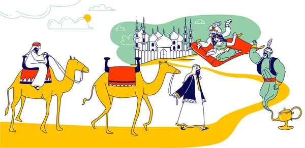 Arabisch sprookjesconcept. Fantasy Personages Aladdin en Jasmine Prinses Karakters Vliegen op Tapijt in de woestijn — Stockvector