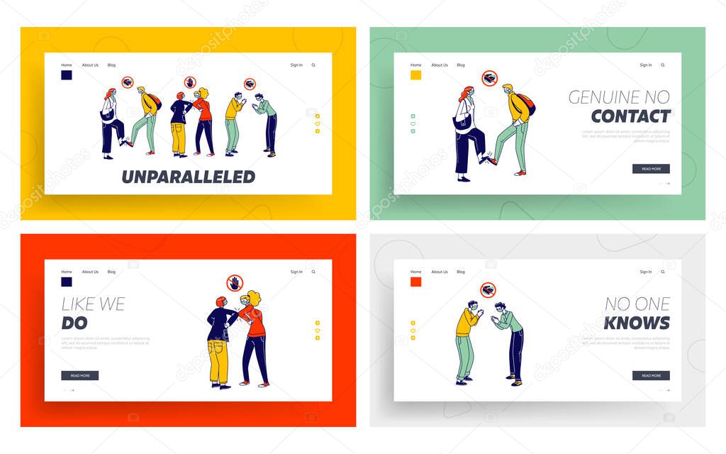 Characters Greeting Each Other With Feet and Elbows Landing Page Template Set. Friends or Colleagues