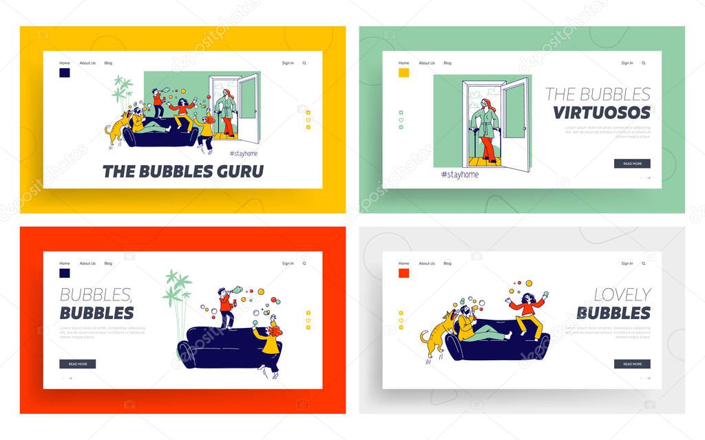 Parents and Kids Playing, Blowing Soap Bubbles Landing Page Template Set. Happy Family Characters