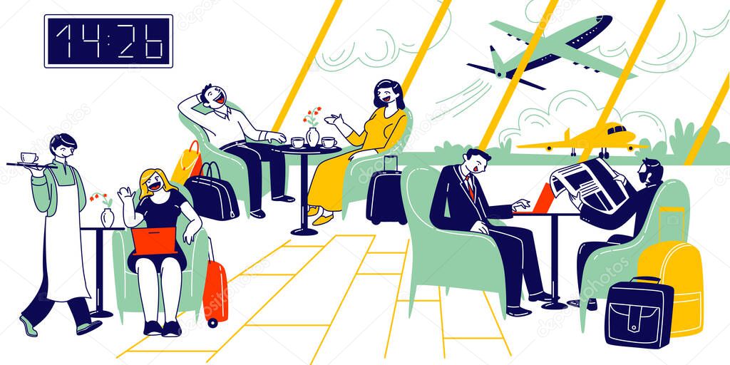 Male and Female Characters Waiting Airplane Departure in Airport Business Lounge. People Sitting in Armchairs