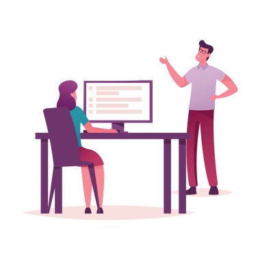 Meslektaşlar Öncelikleri Düzenler, Takım Çalışması, Ofiste Beyin Fırtınası Çalışma Süreci. İş Adamları Karakterleri Ekibi İş Bulma Sorununu Çözmek İçin İş Yeri 'nde İletişim Kuruyor. Çizgi film Vektör İllüstrasyonu