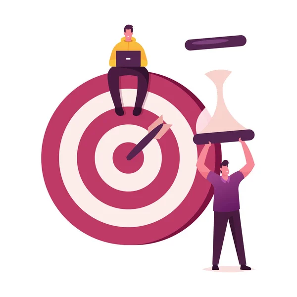 Priorities Organize. Businessmen Characters Sit on Huge Target with Arrow in Bullseye and Hold Hourglass. Business People Mission Achieved, Challenge, Goals Achievement. Cartoon Vector Illustration — Stock Vector