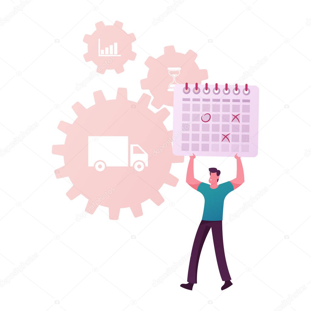 Scm, Supply Chain Management, Procurement Process of Purchasing Goods or Services with Tiny Male Business Character Hold Huge Calendar with Icons of Truck and Gears around. Cartoon Vector Illustration