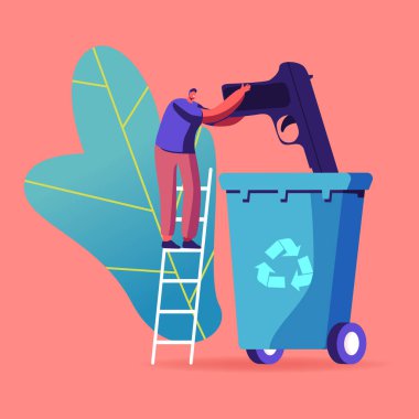 Antiwar, Disarmament and Peace Concept. Tiny Male Character Stand on Ladder Throw Out Gun into Huge Litter Bin with Recycling Sign. Worldwide Demilitarization, Humanity. Cartoon Vector Illustration clipart