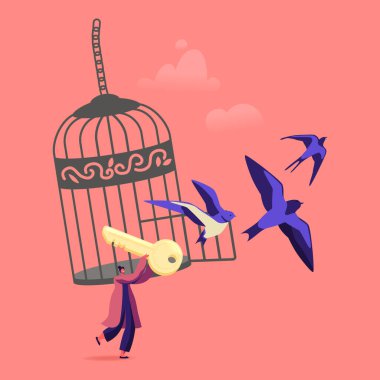 Özgürlük kavramı. Kadın Karakter Kaçış Hücresi. Altın Anahtarlı Kadın Metal Kafesten Kırlangıçlarla Çıkın Kilitlenme Sınırlarını Aşın Yaratıcı Çözümleri Var, Başarı. Çizgi film Vektör İllüstrasyonu