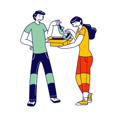 Kutunun İçinde Üzgün Yüzlü Erkek ve Kadın Karakterler Bakışı. İnsanlar Kalitesiz Paket Aldılar. Hayal kırıklığına uğramış Tüketiciler Çevrimiçi Satın Alma Deneyimi. Doğrusal Vektör İllüstrasyonu