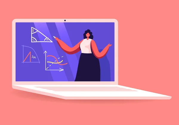 Professor Feminino Personagem Conduta Geometria ou Matemática Lição na Tela do Laptop. Escola Online, Educação a Distância na Covid19 Quarentena, Conhecimento, Conceito de Ciência Desenhos Animados Pessoas Vetor Ilustração — Vetor de Stock