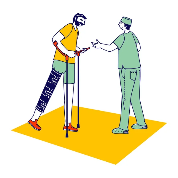 Rehabilitación Fisioterapia para Discapacitados. Corrección de las habilidades físicas perdidas Cuerpo con ayuda terapéutica. Hombre lesionado personaje comprometido educación física adaptativa. Personas lineales Vector Ilustración — Vector de stock