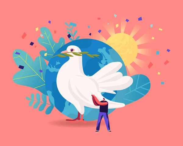 Día Internacional de la Paz, Campaña Mundial Antiguerra, Concepto Humanidad. Tiny Male Character Stand at Earth Globe with Sun Shine and Huge Dove Carrying Leaf Branch (en inglés). Dibujos animados Gente Vector Ilustración — Archivo Imágenes Vectoriales