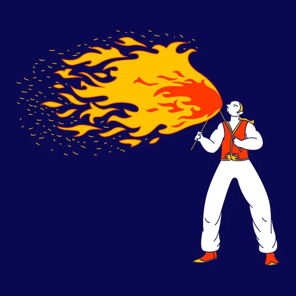 Young Man Fakir Character Dancing and Jugging with Fire on Stage Performing Talent Show for Judges and Viewers Flame Entertainment, Street Fair, Circus Amusement. Linear Vector Illustration — стоковий вектор