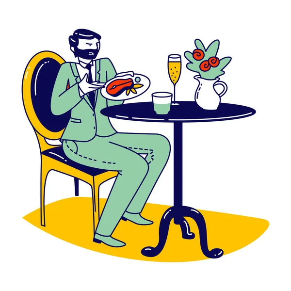 Squeamish férfi karakter Csalódott a rossz kiszolgálás étteremben. Üzlettárs, igényes arccal, gusztustalan étellel a tányéron. Szegény minőségi kávézó vendégszeretet. Lineáris vektor illusztráció — Stock Vector