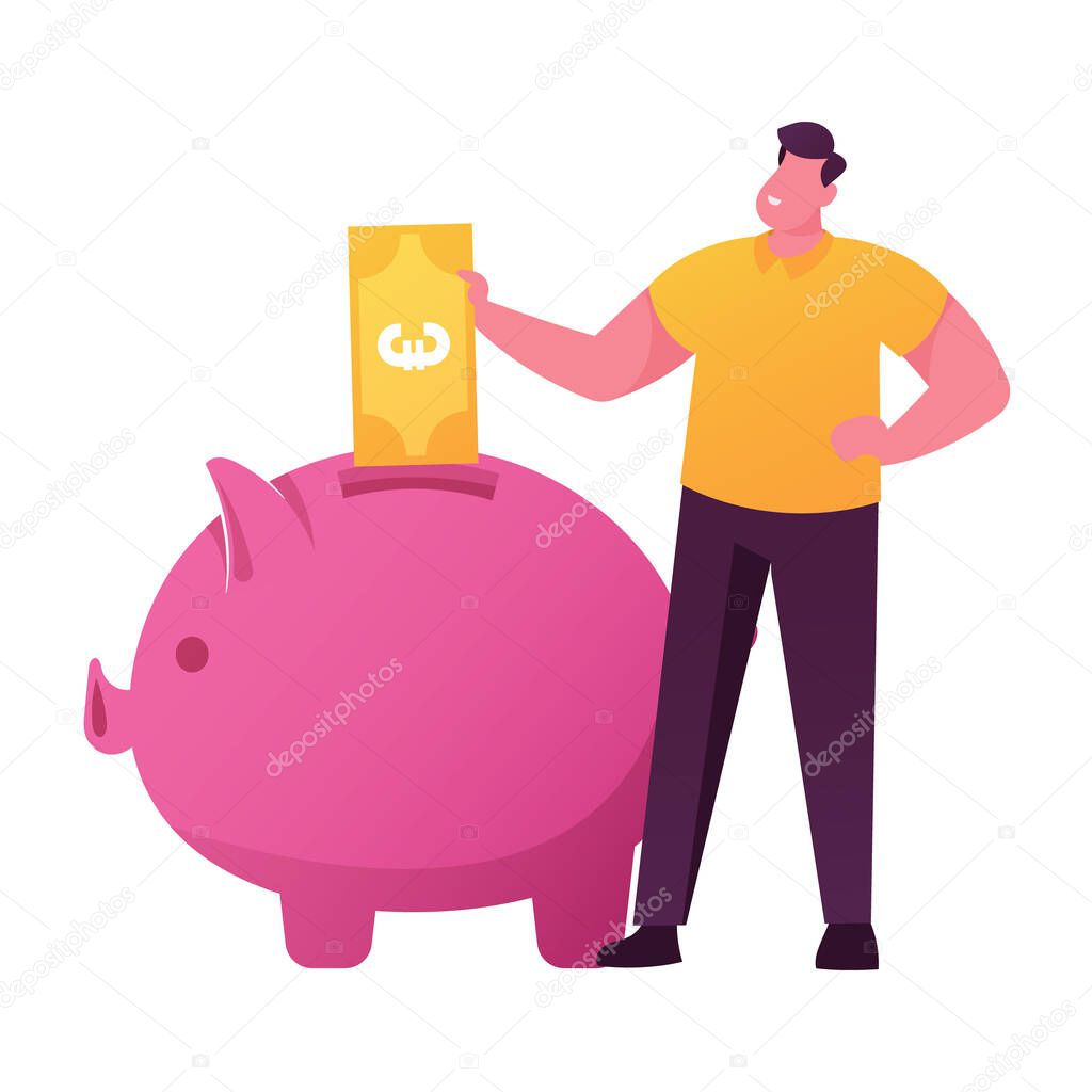 Male Character Put Golden Euro Banknote into Huge Piggy Bank. Man Save and Collect Money in Thrift-box, Open Bank Deposit, Plan Finance Budget, Diversification of Savings. Cartoon Vector Illustration