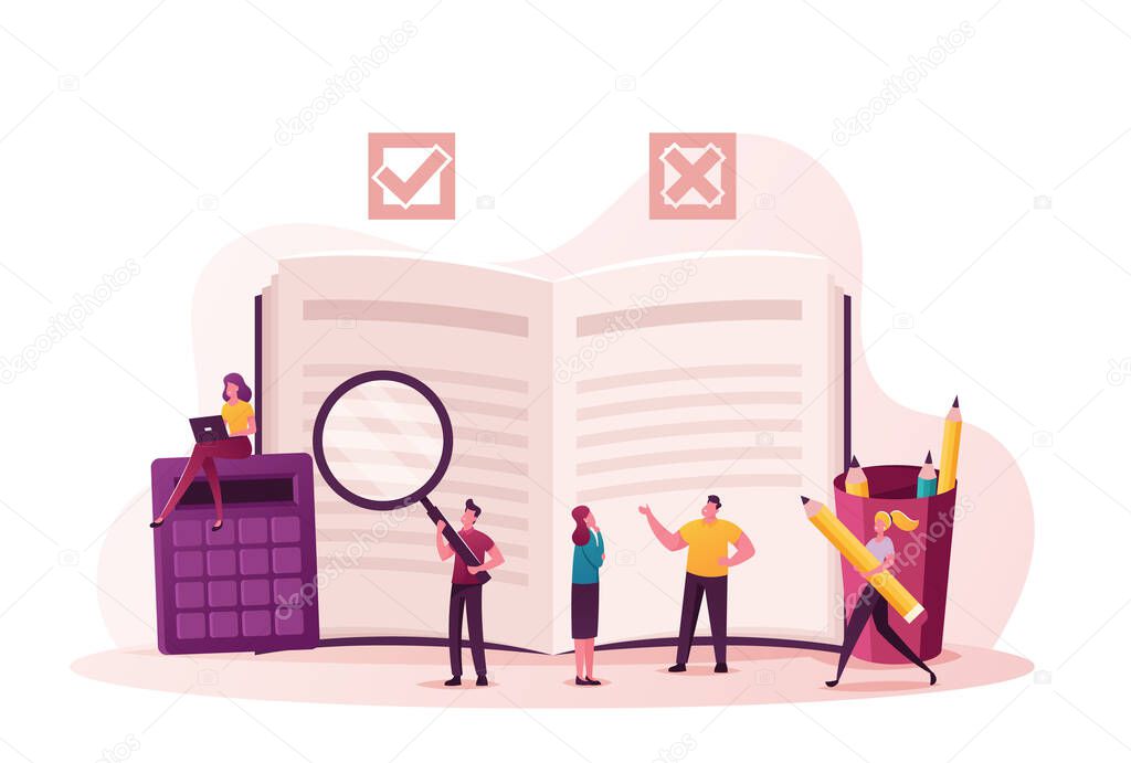 Regulation Concept. Tiny Characters Write Rules in Checklist with Law Information. Society Control Guidelines and Strategy for Company Order and Restrictions. Cartoon People Vector Illustration