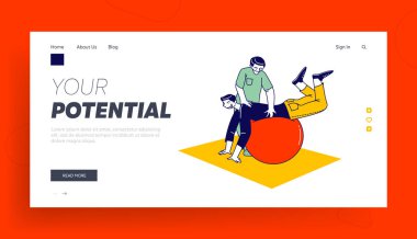 Hasta Hasta İniş Şablonu ile Fizyoterapist Karakter Çalışması. Nekahat Merkezi Uzmanlığında Atletizm Rehabilitasyonu Eğitim İçin Fitball Kullan. Doğrusal Vektör İllüstrasyonu