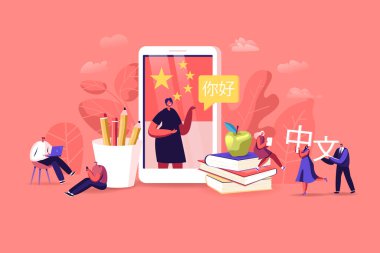 Çince Öğrenen Karakterler. Öğrencilere hiyeroglifler taşıyan öğretmen Say Ni Hao 'nun etrafındaki küçük insanlar. Webinar ve Online Education, Ders. Çizgi film Vektör İllüstrasyonu